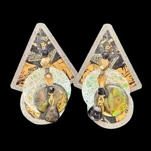 Vintage Artisan 80s Black Gold Iridescent Earrings Mixed Media Statement